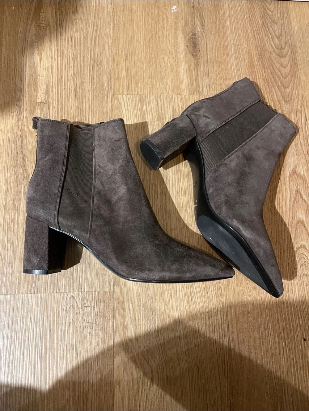 Calvin Klein Pointed Toe Suede Ankle Boots - Dark Brown